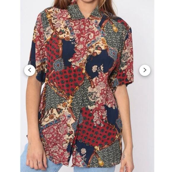 Diana Marco Vintage 100% Silk Baroque Equestrian Patchwork Print Shirt 16 - Picture 2 of 9